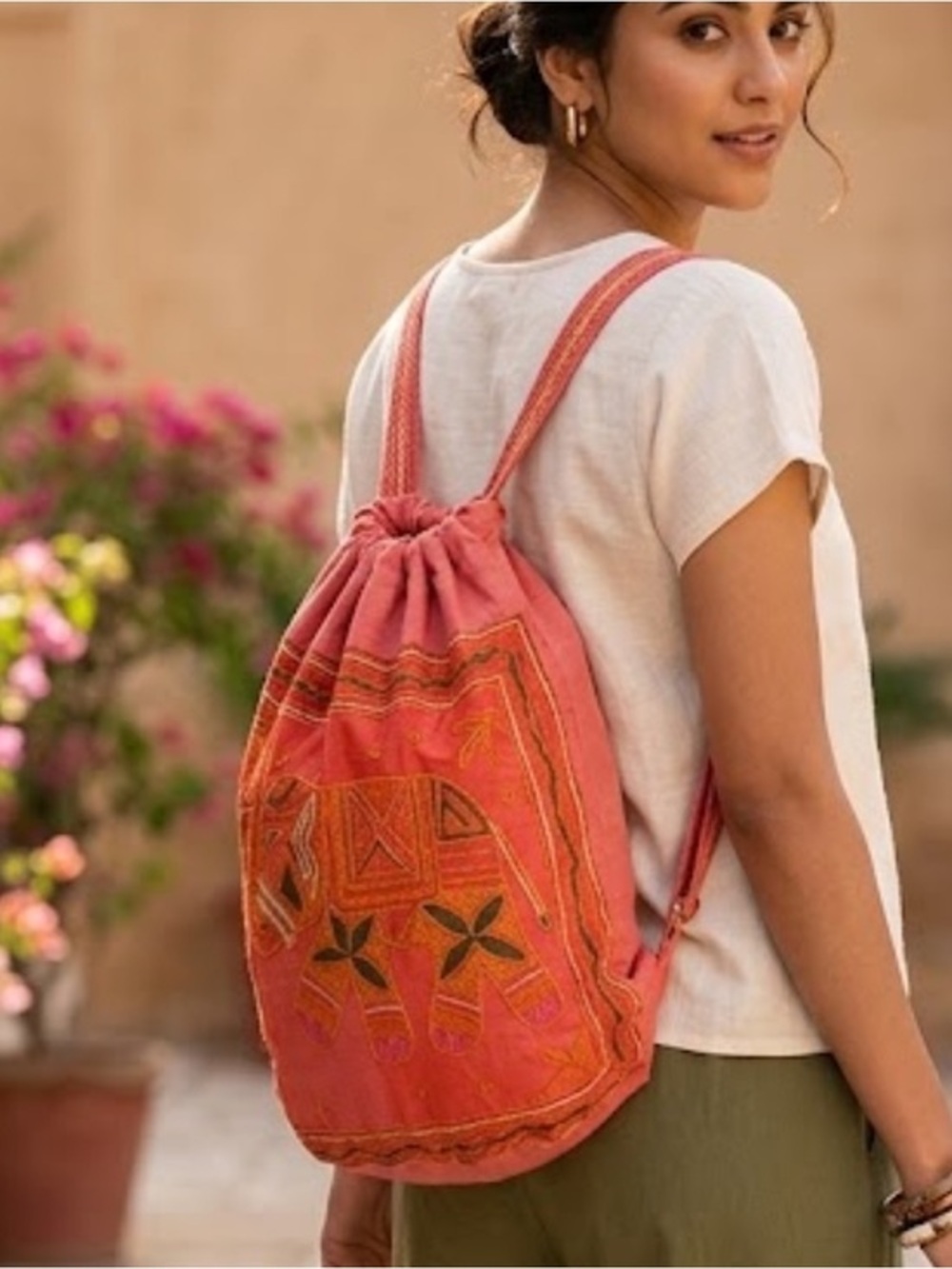 🛼🐠Embroidered bag backpack from India elephant cinch top pink orange CLEARANCE